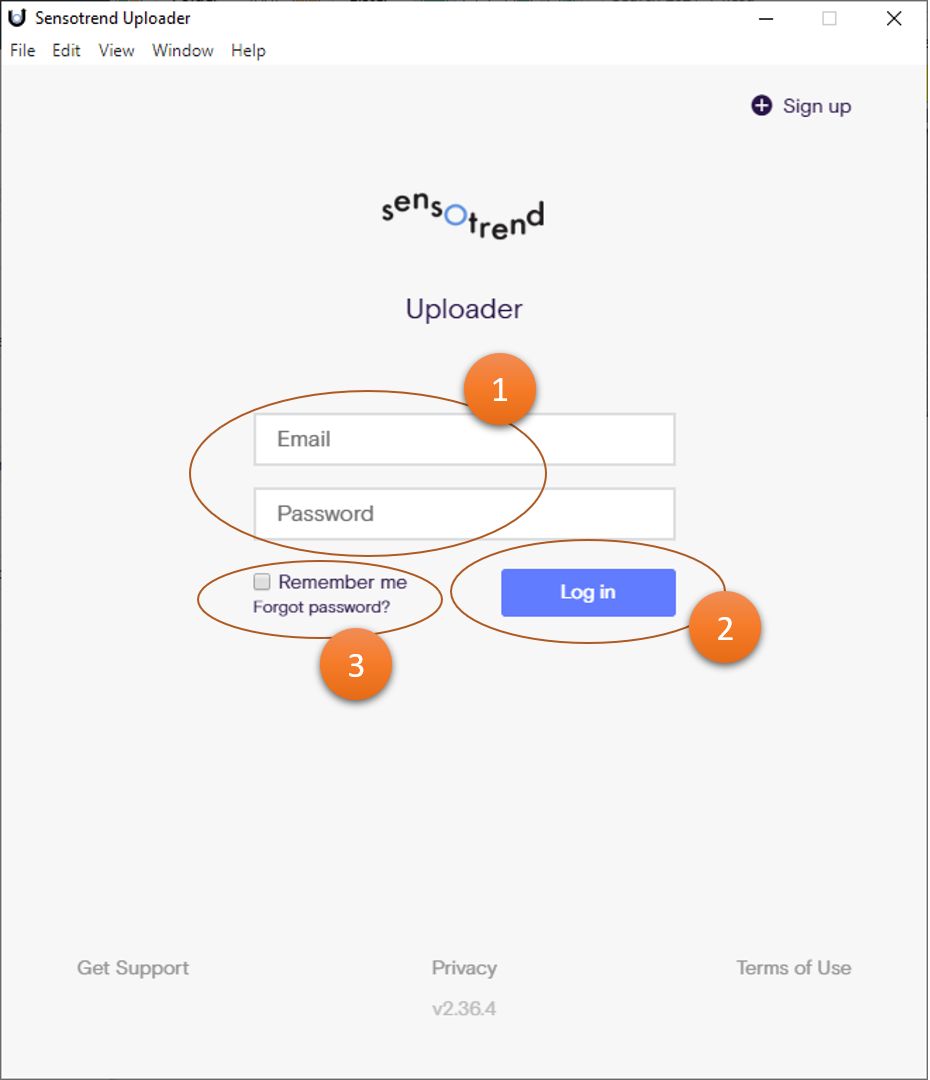 Sensotrend Uploader, login view